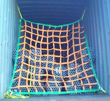 Cargo net securing pipe cargo inside a container